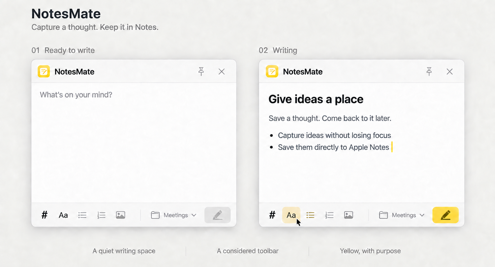 NotesMate editor design showing a heading, text and a bulleted list.